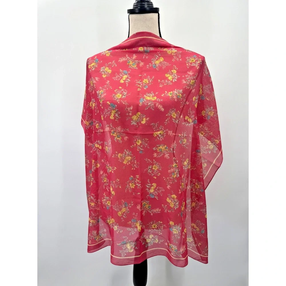 Vintage Dainty Floral Pink Silk Chiffon Large Square Scarf Head Wrap 31.5